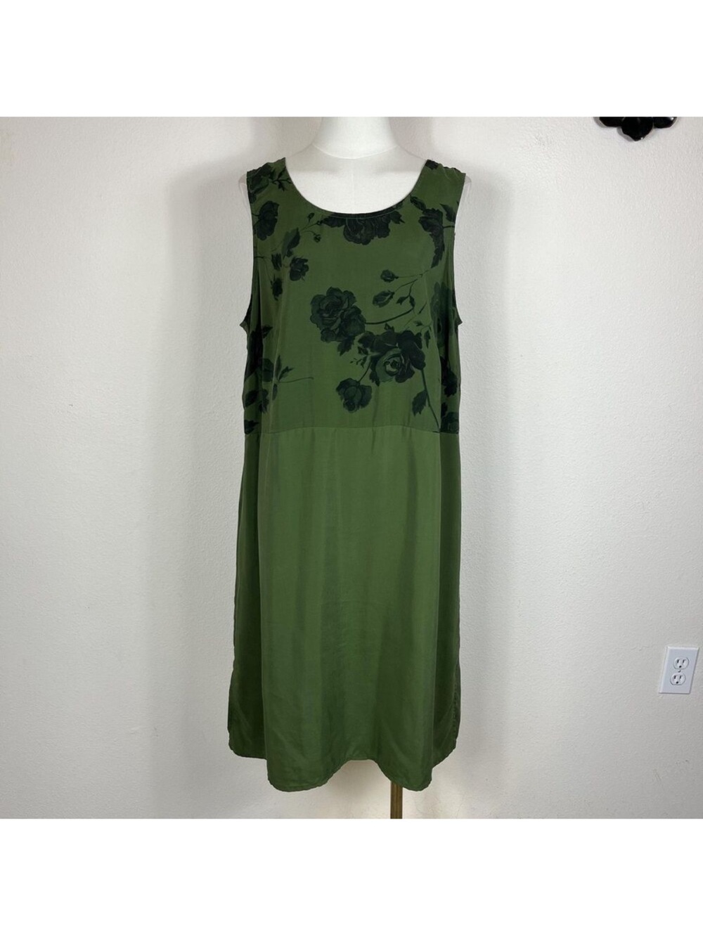 Vintage Jeffrey & Dara Dress Womens 16 Green Dark Floral Midi Shift 90s Boho